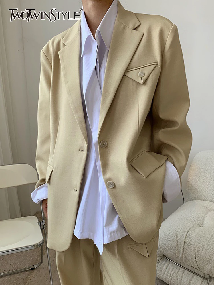 

TWOTWINSTYLE Spring Fashion Solid Blazer For Women Notched Collar Long Sleeve Single Breasted Loose Coats Female 2022 Clothing