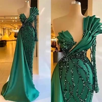 designer green evening dresses mermaid one shoulder long sleeves prom gowns beaded sequins overskirt satin custom made