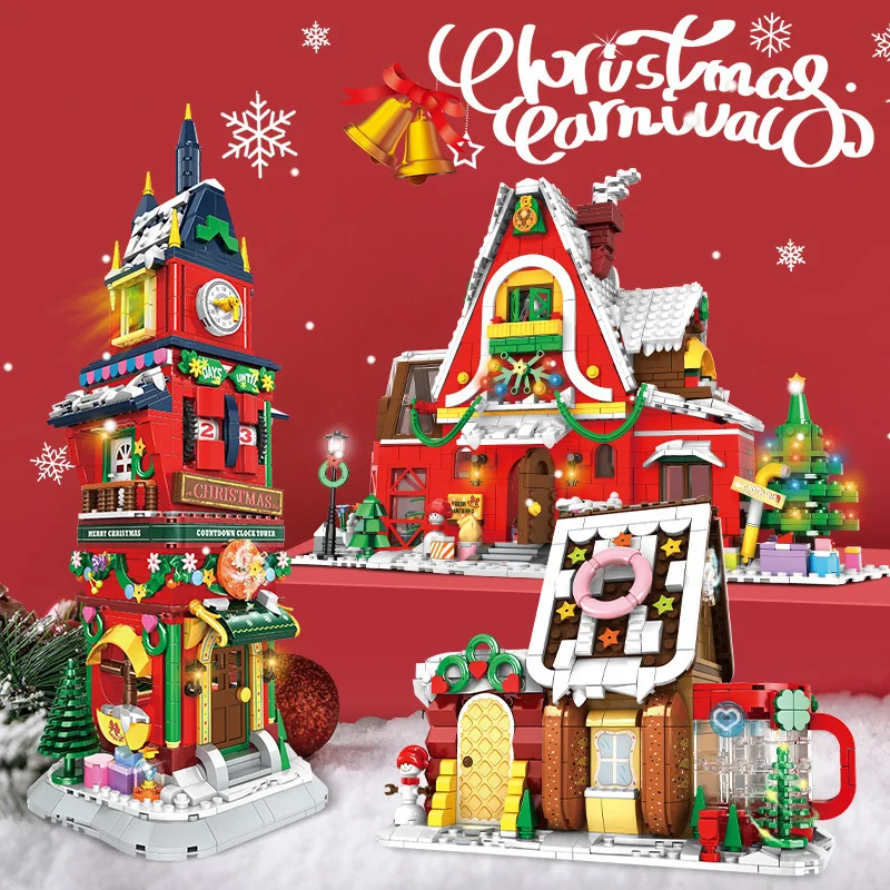 

2023 Christmas Series Elk Carriage Cake House Art Theater Desktop Ornament Building Blocks Bricks Toys Gifts