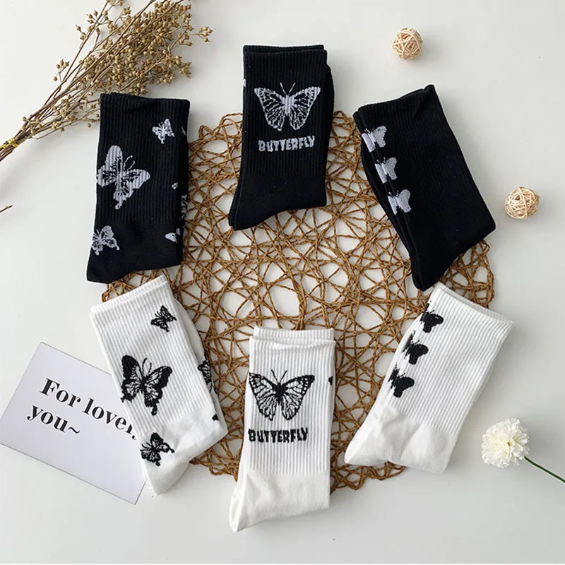 5 Pairs of Women's Mid Length Stockings Set in  Black And White With Butterfly Pattern Popular and versatile Sweat Absorption