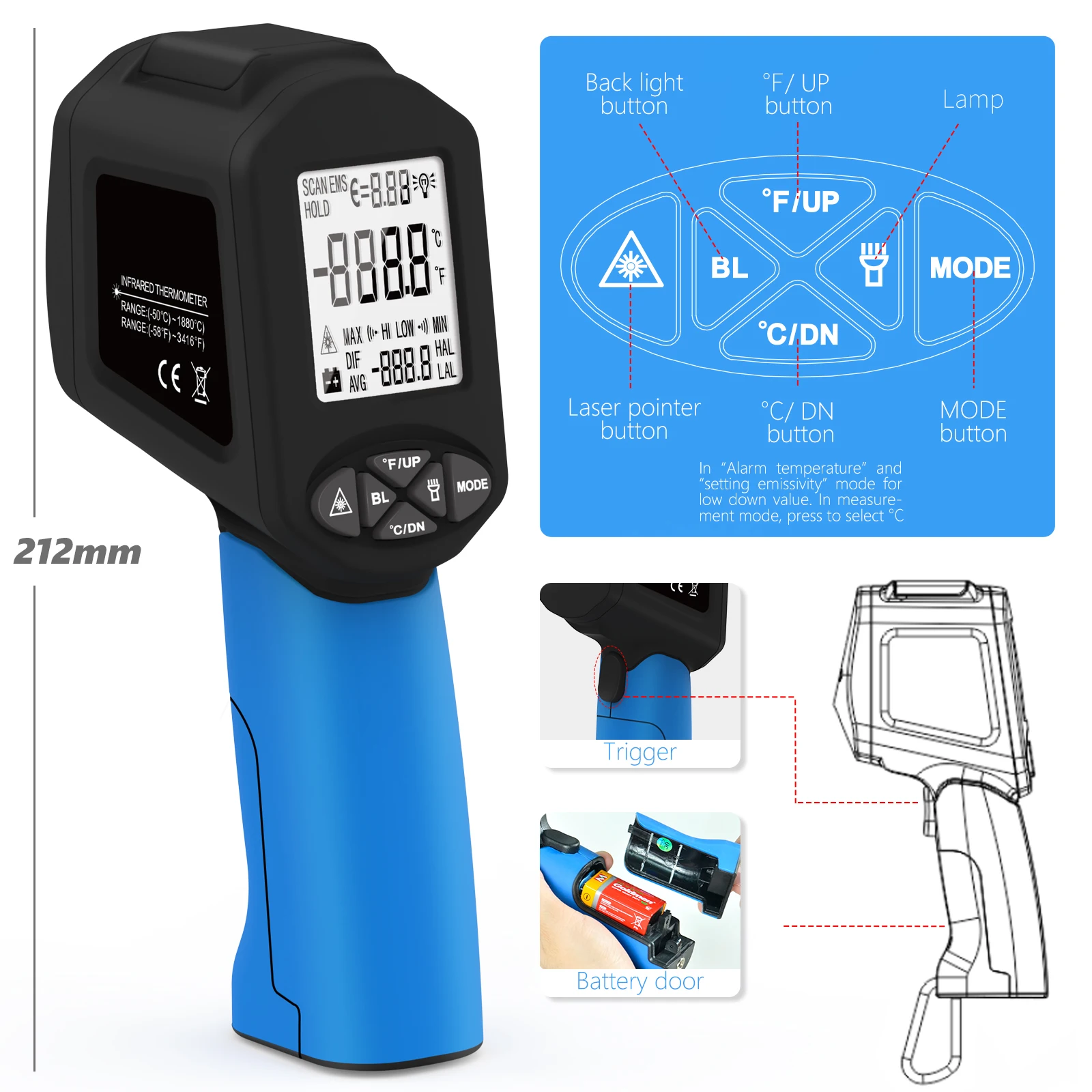 

HoldPeak 1880 ℃ Высокоточный бесконтактный инфракрасный термометр с двойным лазером - тестер температуры соотношения 50:1 для промышленного нас