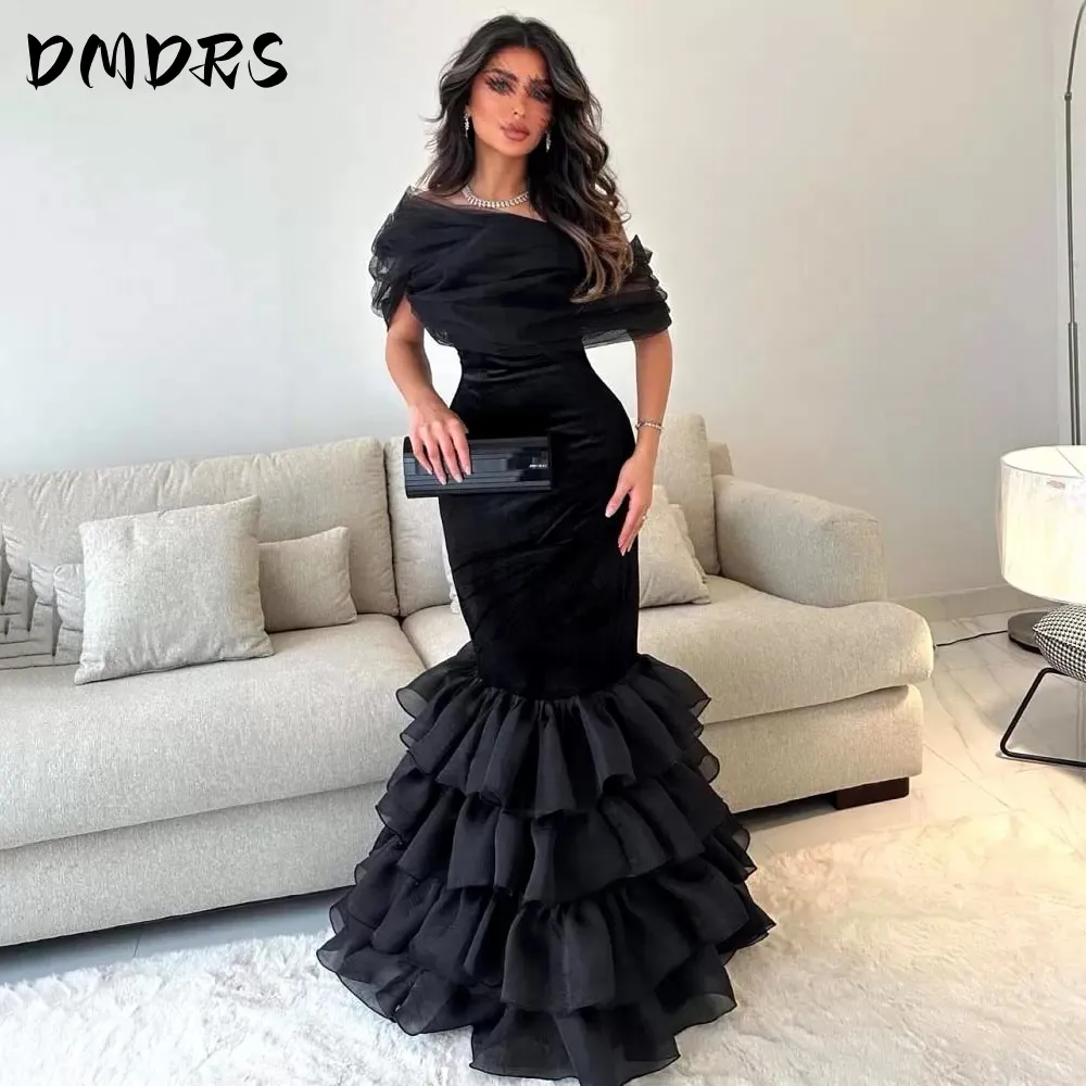 

Saudi Arabic Black Mermaid Evening Dresses Pleats Tiered Tulle Off the Shoulder Dubai Prom Party Dress Floor Length Gowns