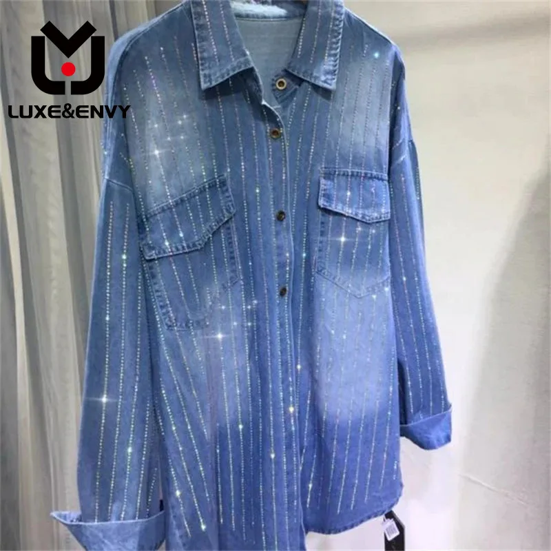 

LUXE&ENVY European Heavy Industry Hot Diamond Coat Women's Classic Denim Blue Loose Medium Length Shirt Cardigan 2023 Autumn