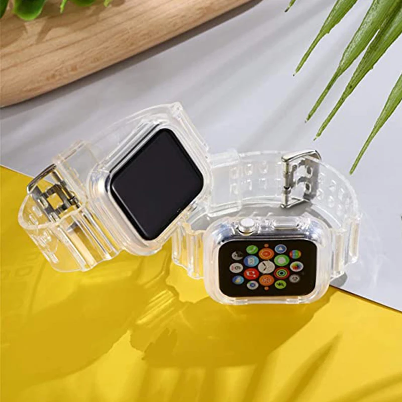 Clear Band + Case for Apple Watch 8 7 6 5 SE 4 Accessories Transparent silicone Strap for iwatch 40mm 44mm 41MM 45MM Ultra 49MM