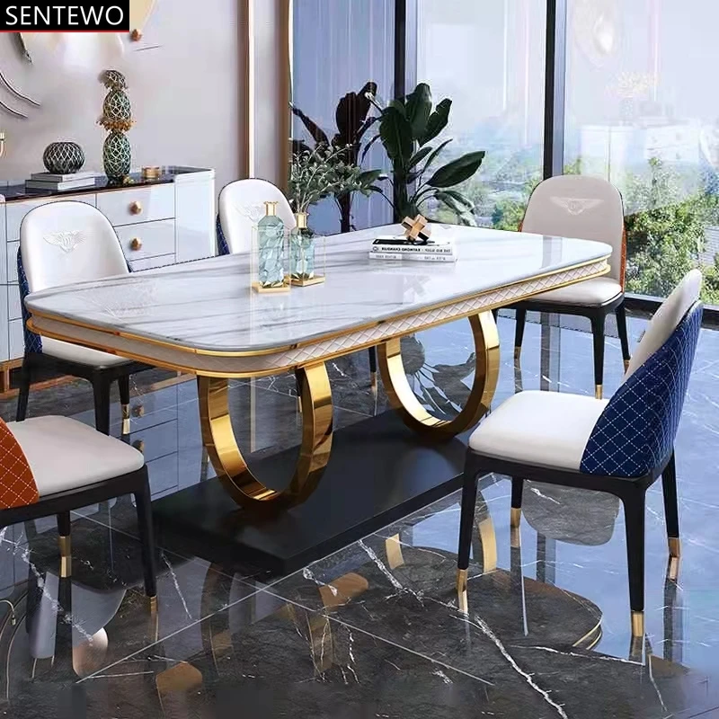 

SENTEWO Free Shipping Italian Luxury White Marble Top Dining Table Set 6 Chairs Stainless Steel Gold Base Table Chair Furniture