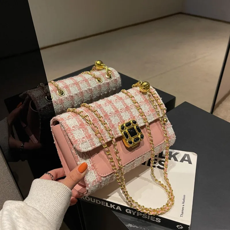 Niche Design Woolen Bags 2023 New Autumn/winter Popular New Women's Bags Chain Messenger Bag Hot Plaid Square Bag Shoulder Bag