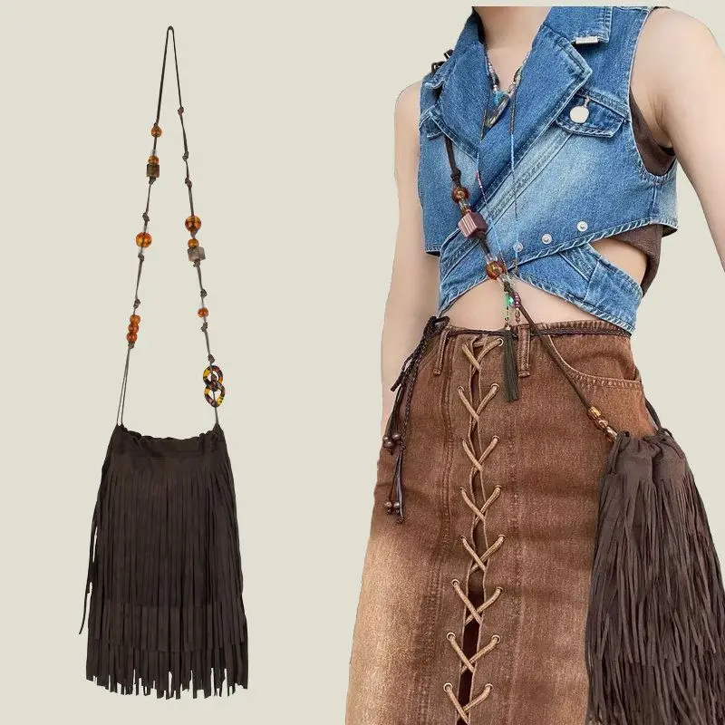 

JIAERDI Vintage Tassel Crossbody Bags Women New Harajuku Drawstring Brown Messenger Bag Female Fairy Core Aesthetic Bag Purse
