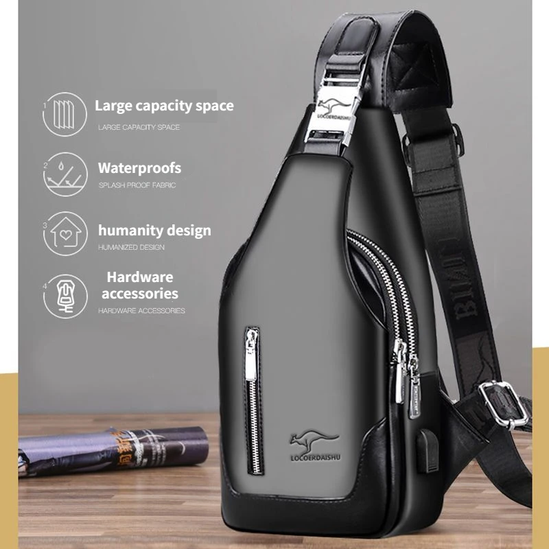 NEW  Men's Chest Bag Business Shoulder Bag PU Leather Handbag with USB Charging High-quality Retro Leisure Travel Shoulder Bag