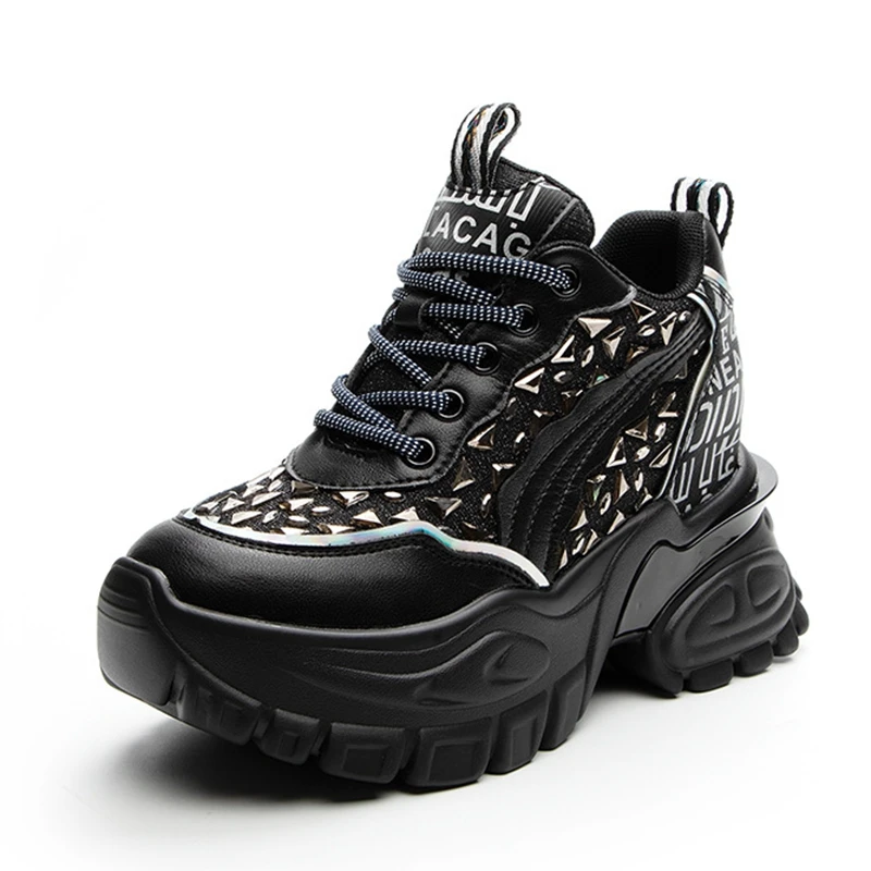 Autuspin 8.5cm Hidden Heels Women Fashion Rhinestone Vulcanize Shoes Spring Summer Genuine Leather Platform Wedge Sneaker Woman