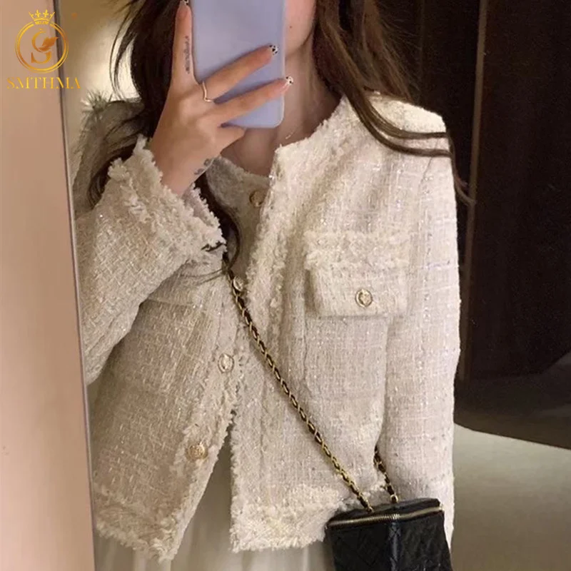 

HMA New Fashion Korean Chic Vintage Tweed Woolen Jacket Coat Women Autumn Single Breasted Plaid Tassel Office Lady Outwear