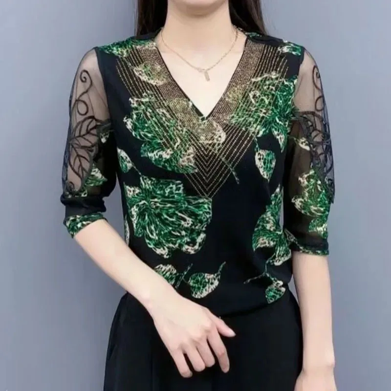 Женская винтажная Сетчатая футболка с V-образным вырезом и рукавом 3/4