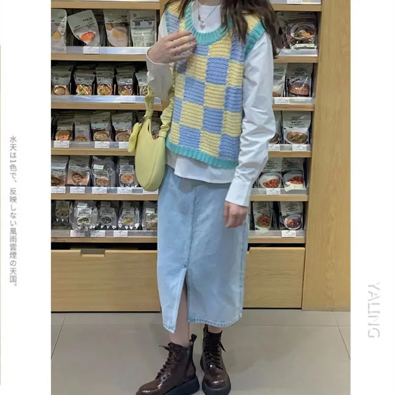 

Осенний японский кавайный вязаный жилет, Женский клетчатый свитер без рукавов, жилет, Женская Повседневная корейская мода, винтажный вязаный жилет, новинка 2022