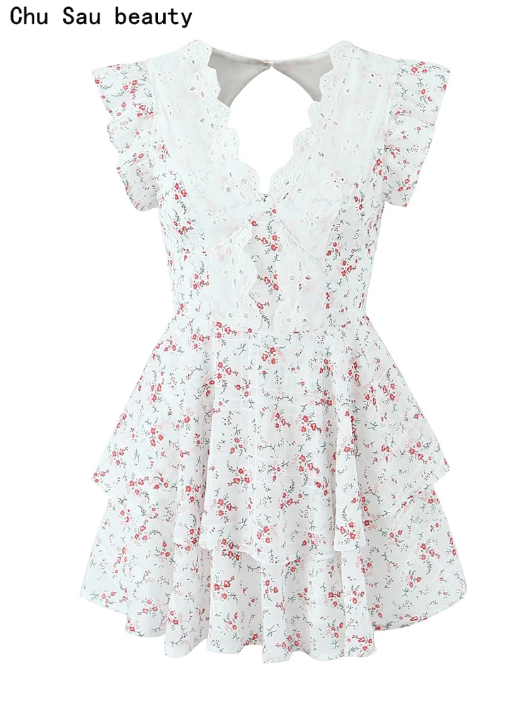 

Chu Sau beauty 2023 женское летнее модное милое платье с цветочным принтом шикарное кружевное мини-платье пикантное облегающее короткое платье с открытой спиной