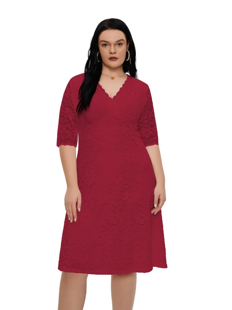 Large Evening Dress Short Dress Hollow Lace Dress long sleeve plus size women clothing fashion