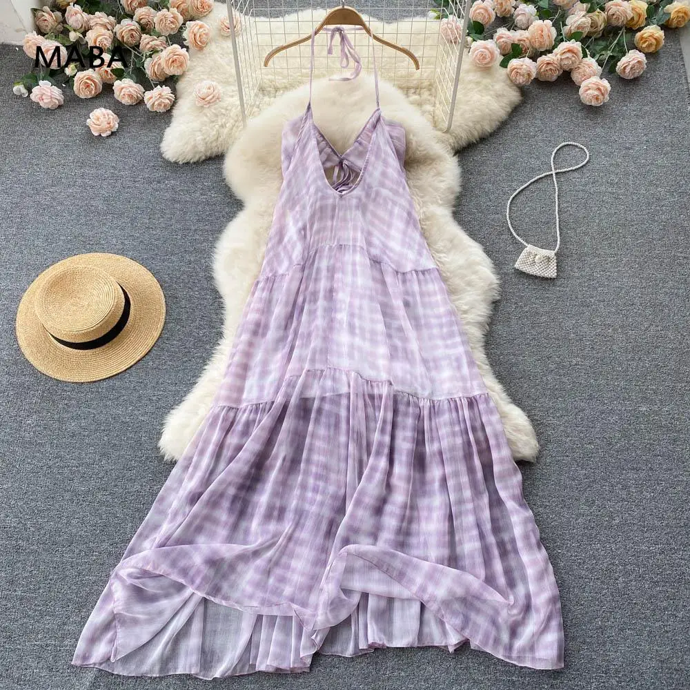 

Runway Sexy Beach Spaghetti Strap Dresses Women Summer V-neck Sleeveless Print Loose Backless Female Purple Bohemian Sundress