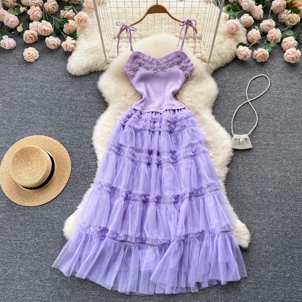 

French Sweet Dress Goddess Fan Design Sense Niche Mesh Stitching Knitted Suspenders Super Fairy Big Swing A-line Midi Skirt