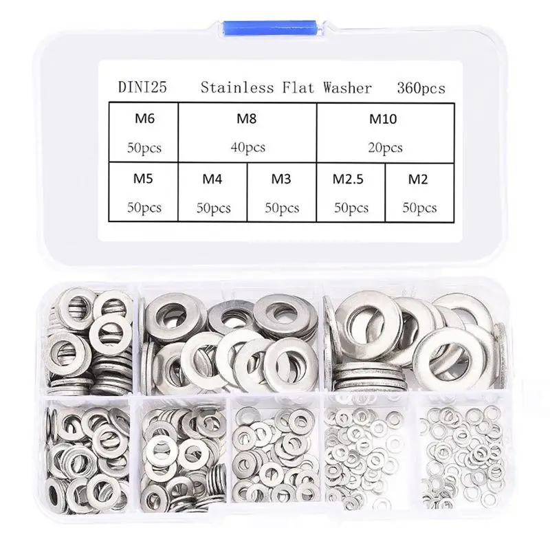 

360Pcs Stainless Steel Flat Washers Sealing Ring Washers Assortment Set 8 Sizes In A Storage Box