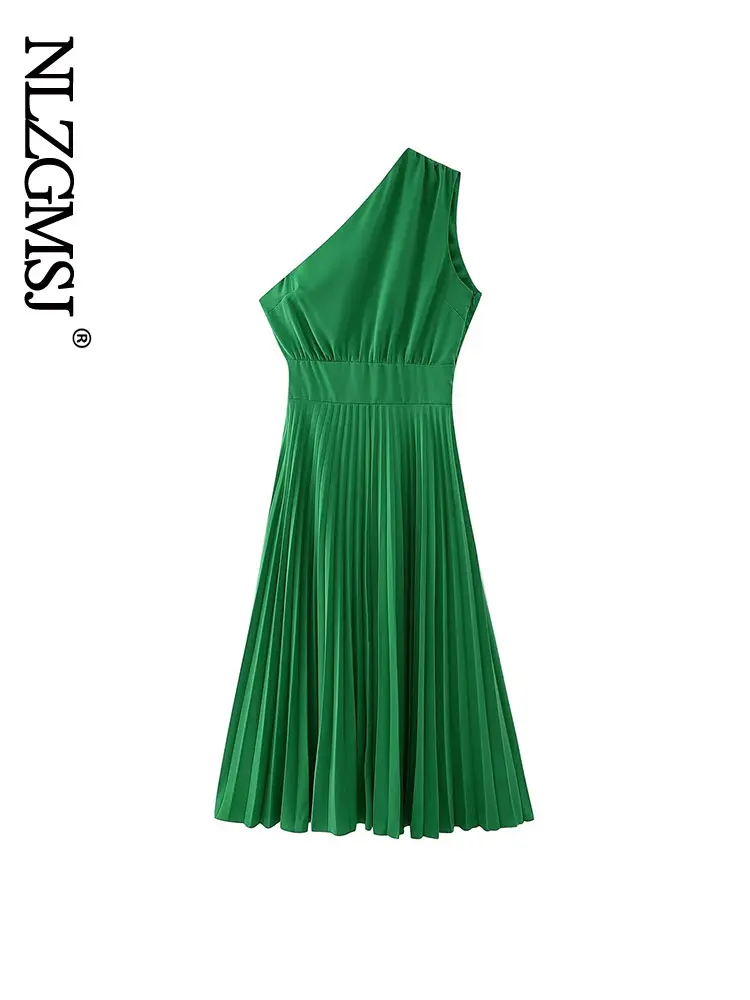 

Nlzgmsj Women One Shoulder Dress Sleeveless Diagonal Collar Pleated A-Line Lady Dresses Summer Sexy Party Prom Evening Vestidos