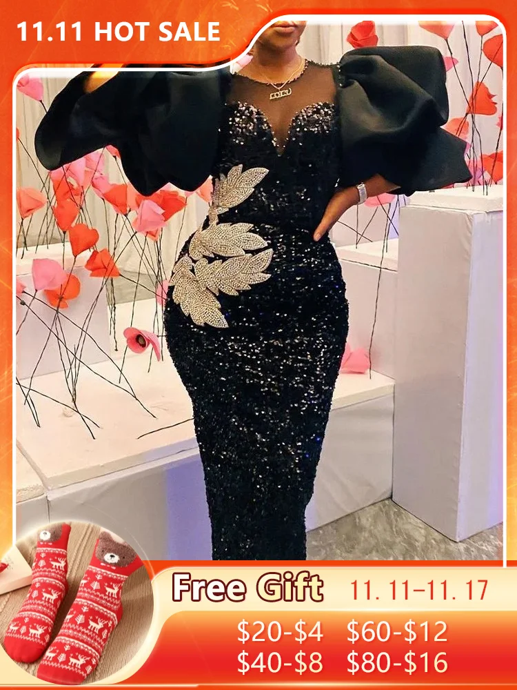 

Women Black Sequin Long Dress Floral Embroidered Bodycon Puff Sleeve Party Dresses Birthday Wedding Club Outfits 2023 New 4XL