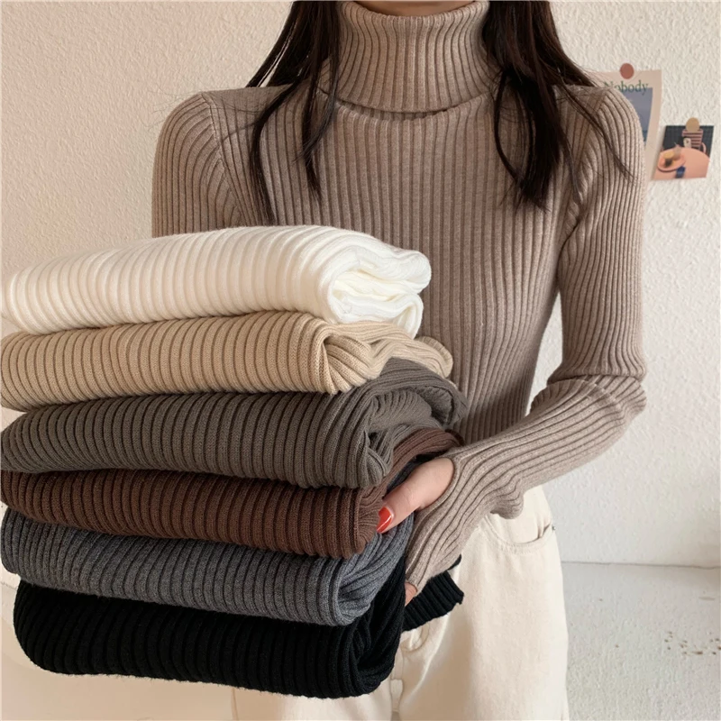 

Winter Knitted Turtleneck Sweater Basic Rib Fall Casual Slim Pullover Womens Elasticity Jumper Pull Femme With Thumb Hole