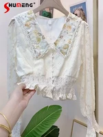 summer womens turn down doll collar hollow out cinched short shirts 2022 new long lantern sleeve lace bottoming crop tops mujer