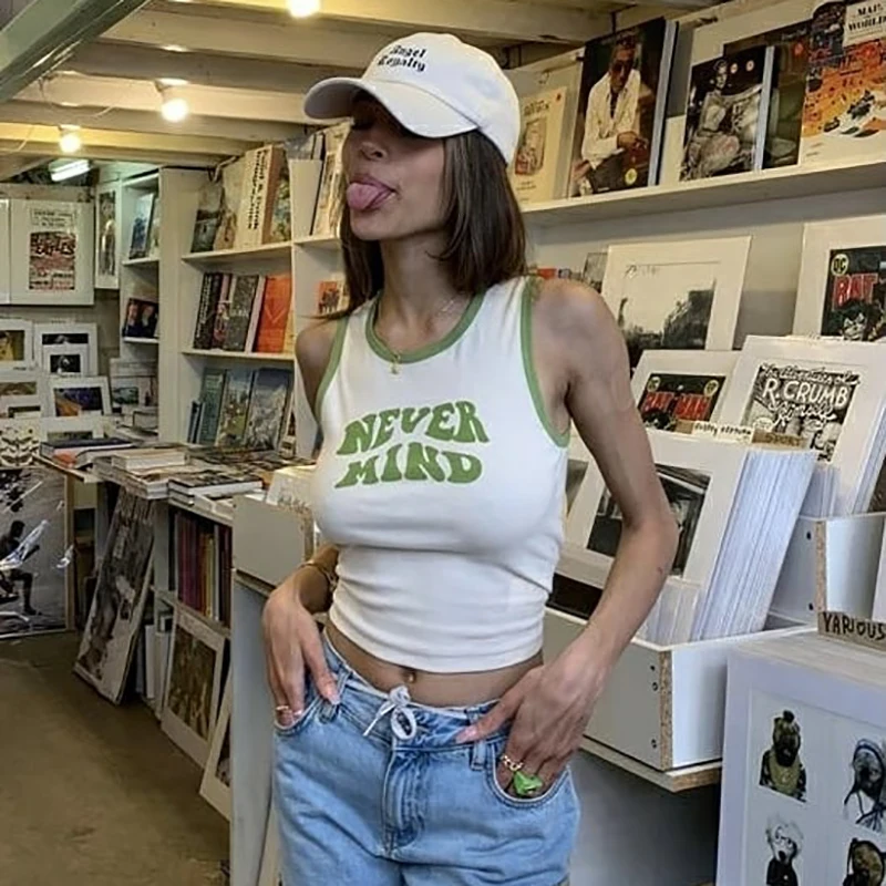 

2021 Summer Women Letter Print Crop Top Tanks Bodycon Sexy Streetwear Party Club Casual Clothes Y2K Tank Tops Round Neck