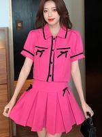 small fragrant suit summer korean sweet 2 piece set women puff sleeve crop top pleated skirts sets fashion casual skirt suits