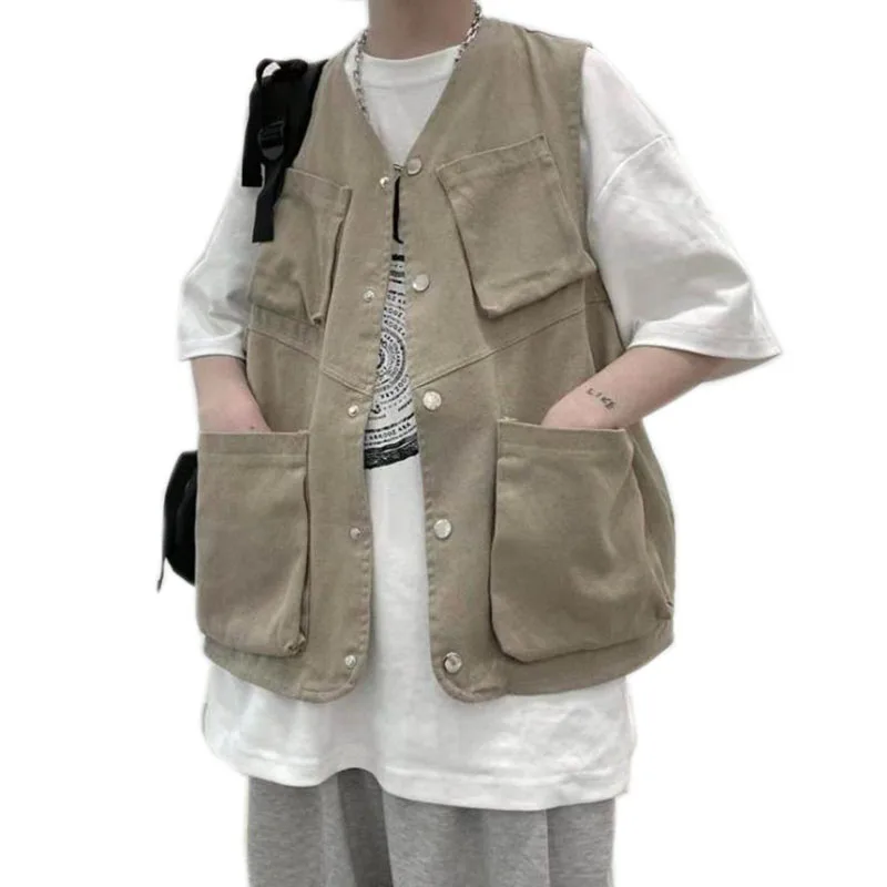 

Men Cargo Vest Mens Fashion Vest Hip Hop Sleeveless Jacket Loose Casual Multi-Pocket Outdoors Spring Autumn Jacket Korean