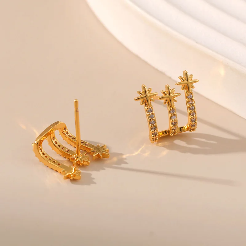 

Exquisite Eight Point Star 18k Gold Plated Mini Zircon Piercing Stud Earrings for Women Small White CZ Stone Ear Jewelry Gift