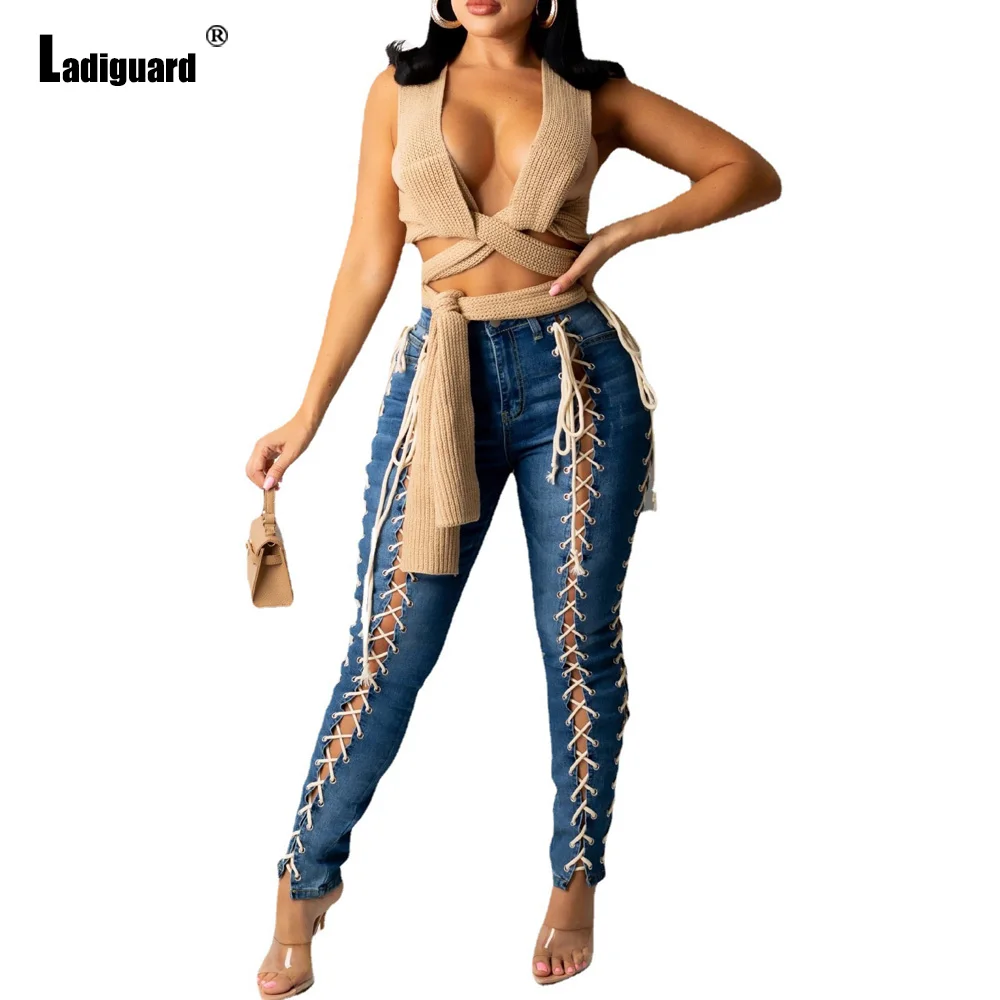 Ladiguard 2022 Spring Autumn Sexy Lace-up Jeans Demin Pant Boyfriend Girls Pencil Trousers Women High Cut Bandage Demin Pants