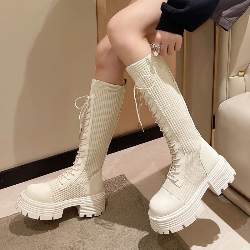 

2023 Autumn Winter New Fashion Chunky Platform Long Boots Women Thick-soled Stretch Knitted Knee High Boots Woman Botas De Mujer