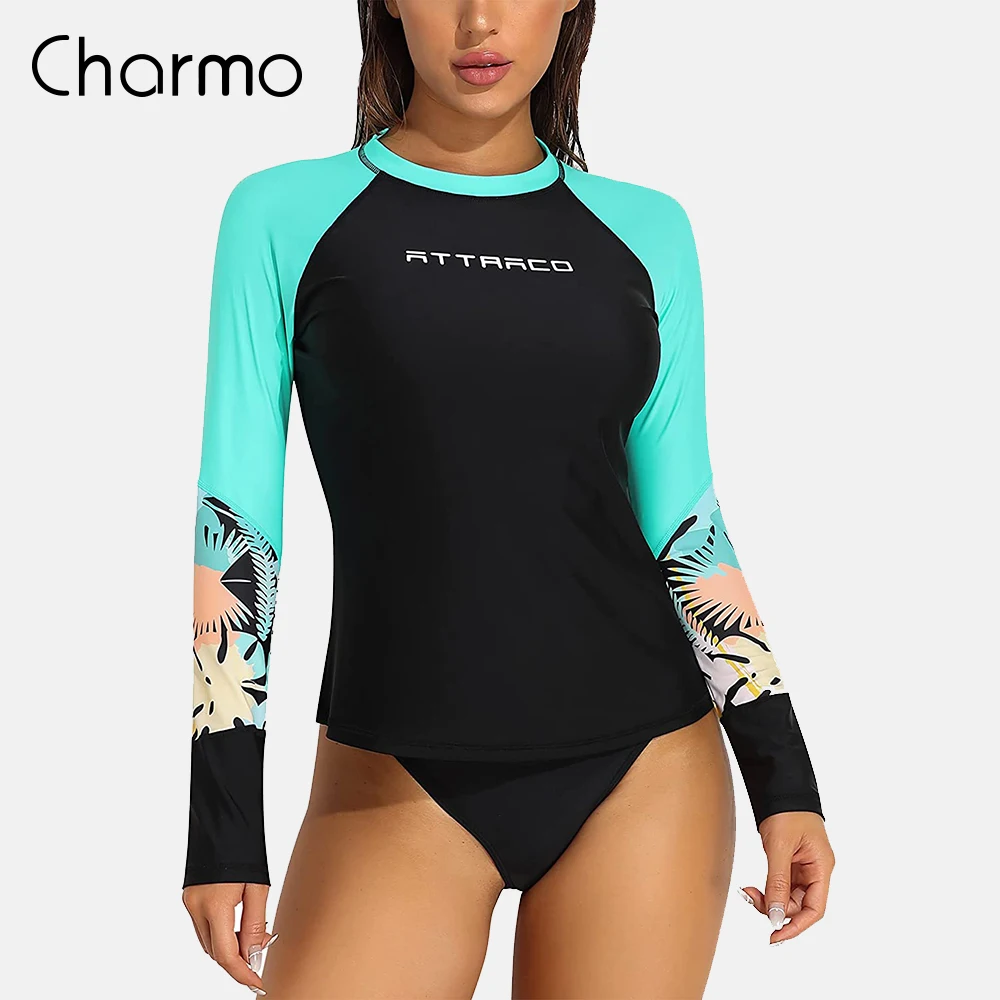 

Женский топ с длинным рукавом Charmo, топ с защитой от солнца, купальник с цветными вставками UPF 50 +