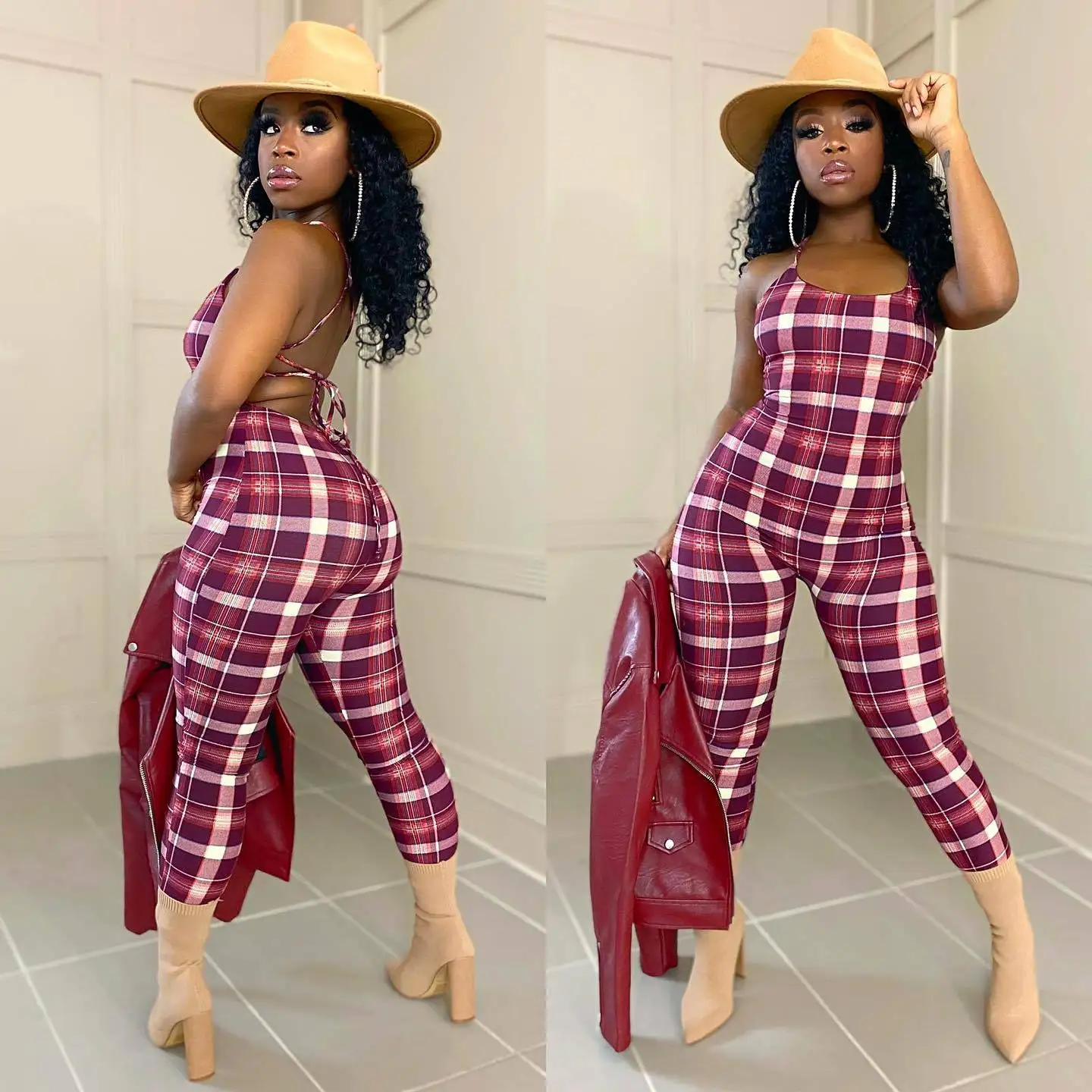 

High Street Fashion Classic Plaid Red Print Skinny One Piece Pants Sports Rompers And Jumpsuits For Women Party