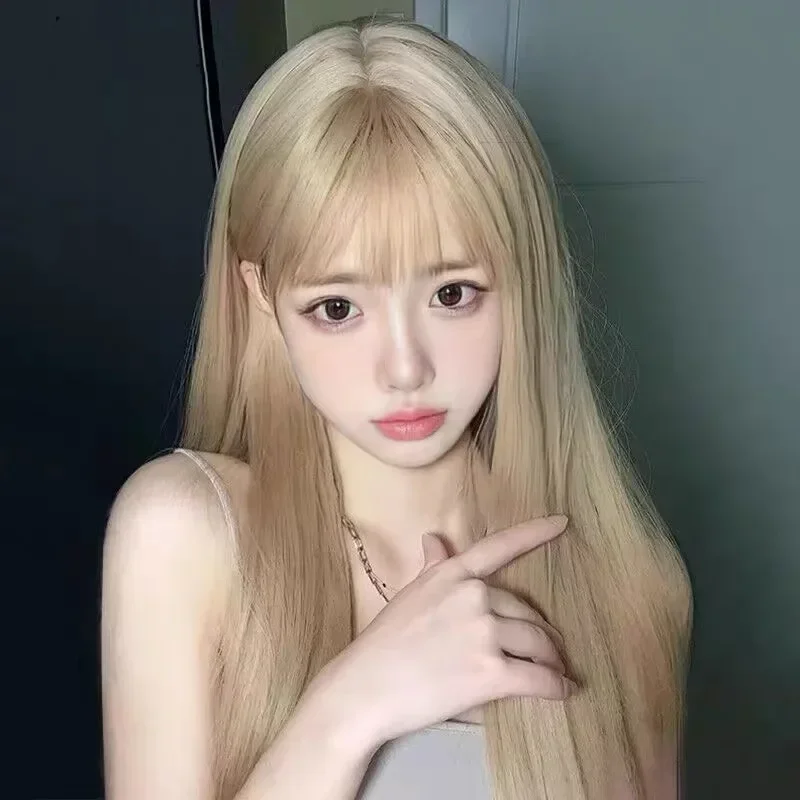 Бежевый парик женские длинные прямые волосы челка синтетический из химического