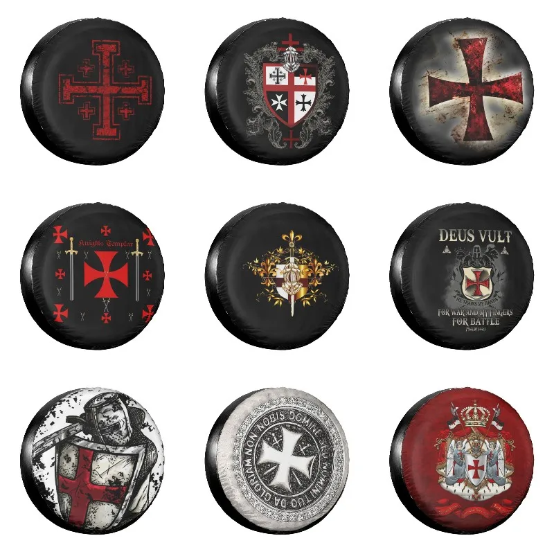 

Templar Knight Medieval Warrior Spare Tire Cover Bag Pouch for Pajero Jerusalem Cross Seal Car Wheel Covers 14" 15" 16" 17" Inch