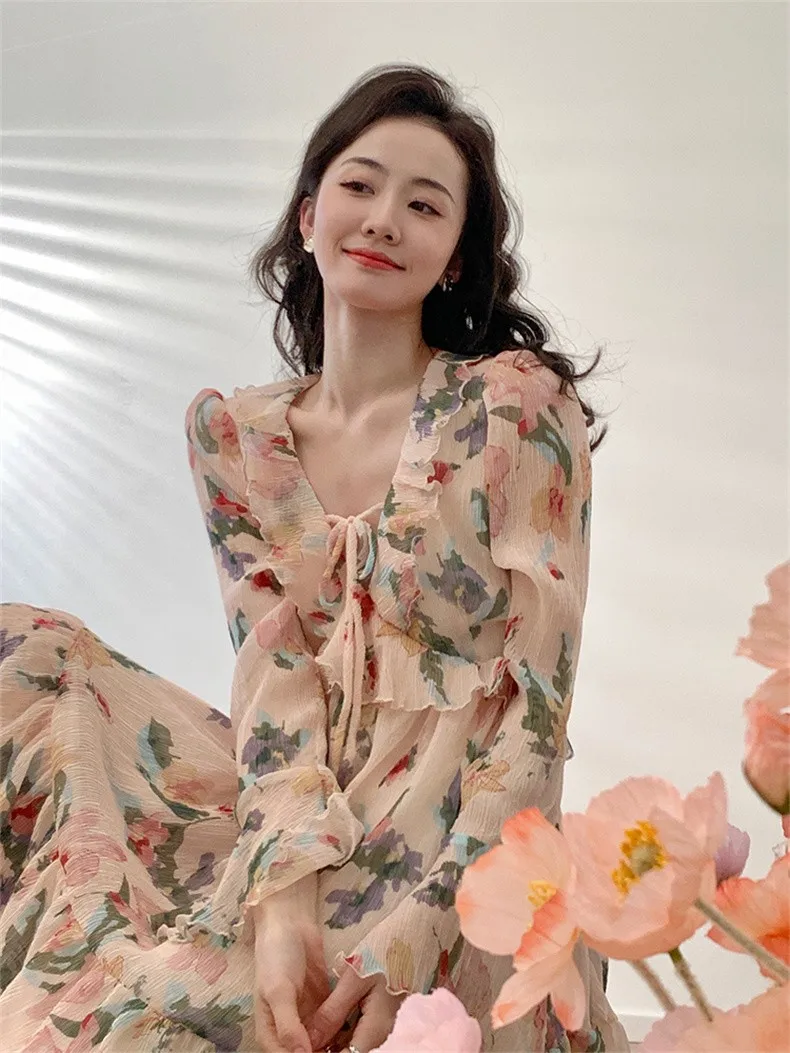 

Summer Chiffon Sweet Printed Long Dress V-Neck Flare Sleeve Temperament Flowy Cozy Intellectual Elegance Fairycore Vestidos