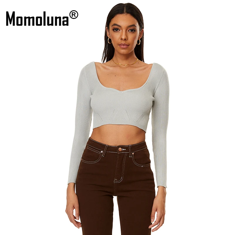 

Momoluna Woman Pullover Knitwear Ribbied Knit Long Sleeve Cropped Sweater