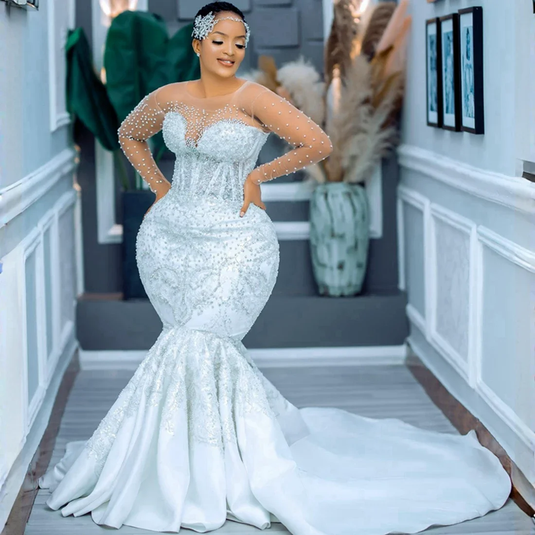Фото Русалка Aso Ebi, съемная юбка, свадебное платье, иллюзия, длинные рукава, аппликации, жемчуг, Нигерия, свадебные платья для девочек №2