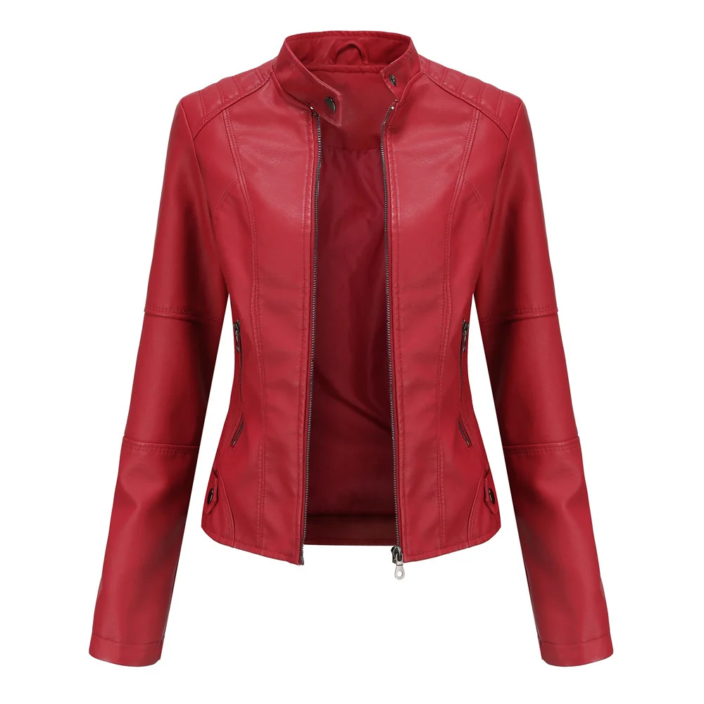 

Leather Jacket Women 2023 Autumn Spring Women's Moto Biker Zipper Jacket Red Black Apricot Coffee Coat Ladies Outerwear Brown