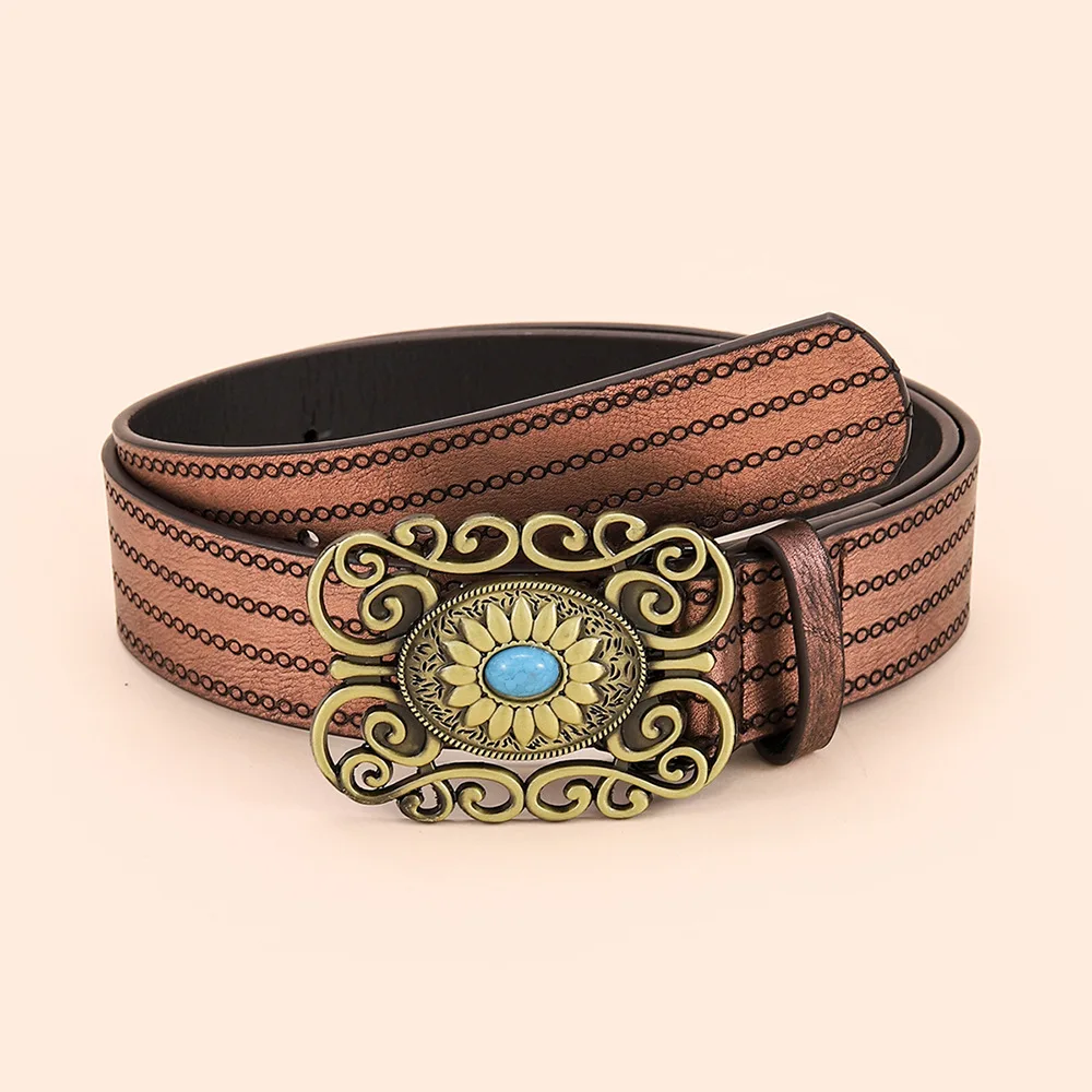 Fashion Embossed Strap with Gold Zinc Alloy Floral Buckle with Turquoise Belts for Women
