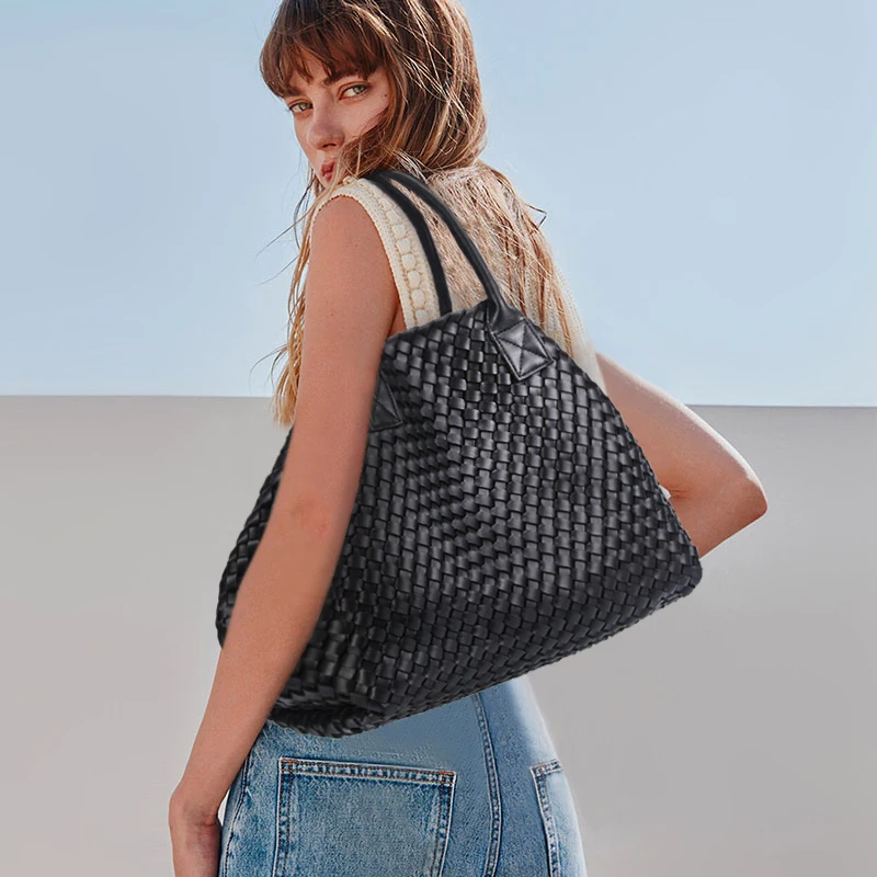 Soft PU Leather Handmade Woven Shoulder Bag Woman Brand Design Large Capacity Tote Set Bags Casual Minimalism Underarm Bag