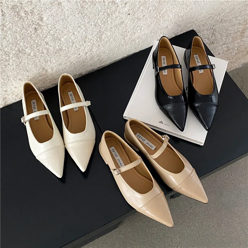 2023 Casual Woman Flats Slip On Ballet Loafers Pointed Toe Shallow Mouth Footwear Retro Fall Dress Shoes Buckle Strap Flats