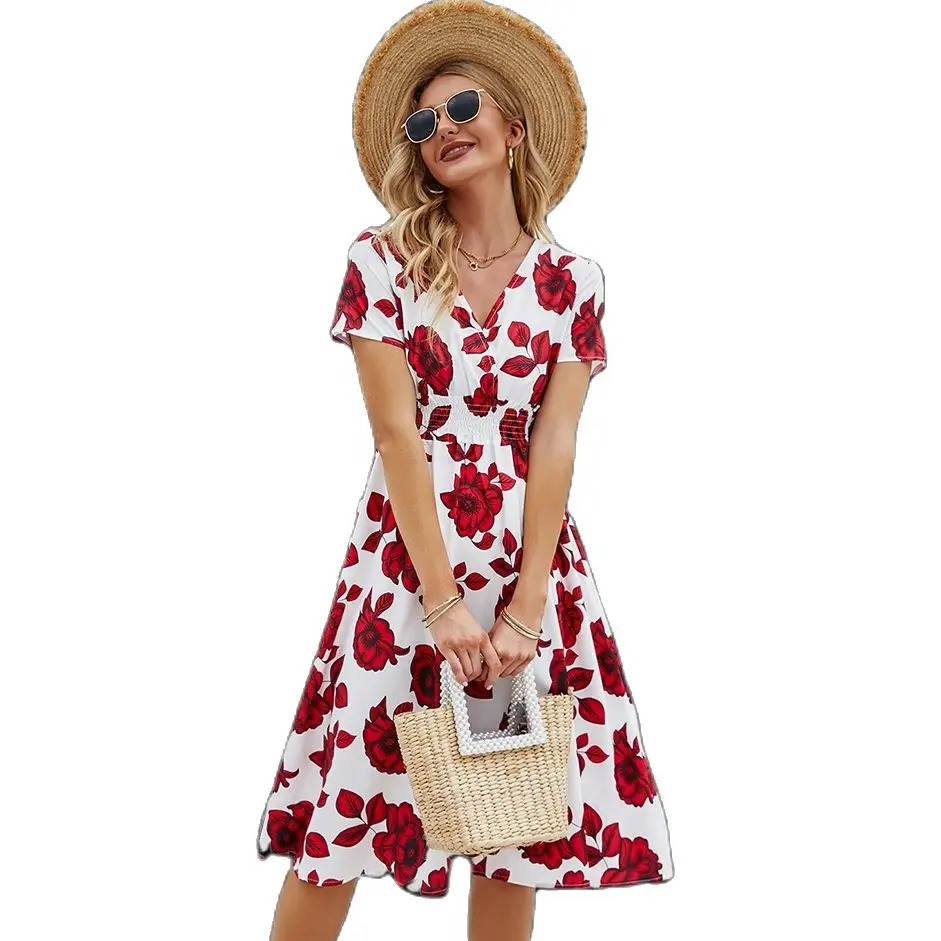 

Chiffon Dress Summer Dress 2022 Retro Yellow Red Floral Print Female Casual V-neck Short-sleeved A-line Beach Long Robe Dress