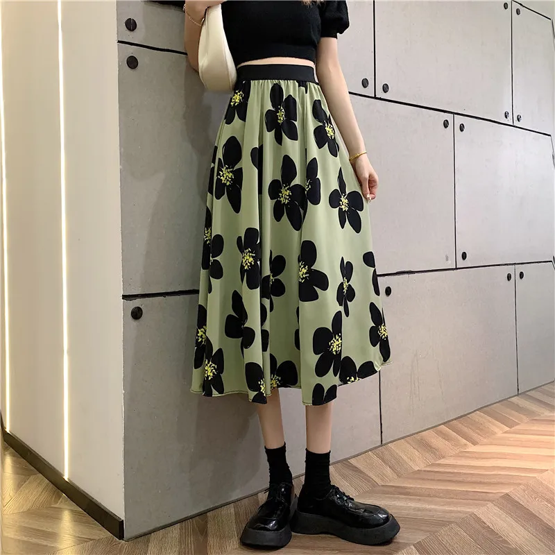 

Green Flower Long Skirt Women 2022 Summer Thin Daily Casual High Waist A-Line Skirt With Inner Lining