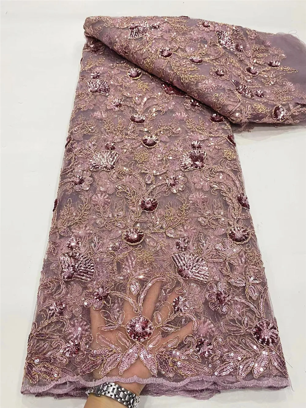 

African Tulle Mesh High Quality French Lace Fabric 3D Crocheted Gold Thread Embroidered Sequins Nigerian Traditional Wear OR4057
