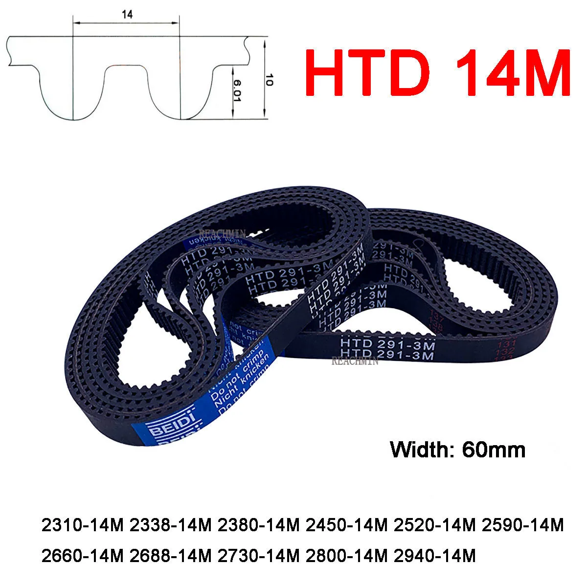 

1Pc Width 60mm HTD 14M Rubber Timing Belt Pitch Length 2310 2338 2380 2450 2520 2590 2660 2688 2730 2800 2940mm Drive Belts