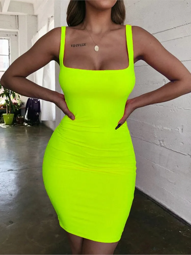 

Green dress Mini Bodycon Women Summer new fashion Dress Backless Sexy Wrap Neon sleeveless Dress jurk dames Club Party