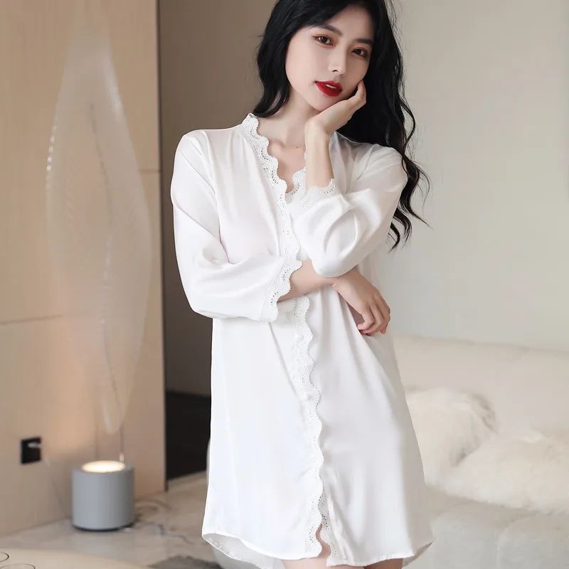 summer sexy silk Women's pajamas cardigan lace Nightdress solid color long sleeve Ice silk at home thin home clothes Sleepwear