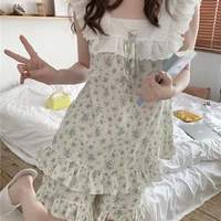 summer sleepwear women floral print sleeveless tops shorts suit home clothes ins style lacework casual pijamas cotton soft d400