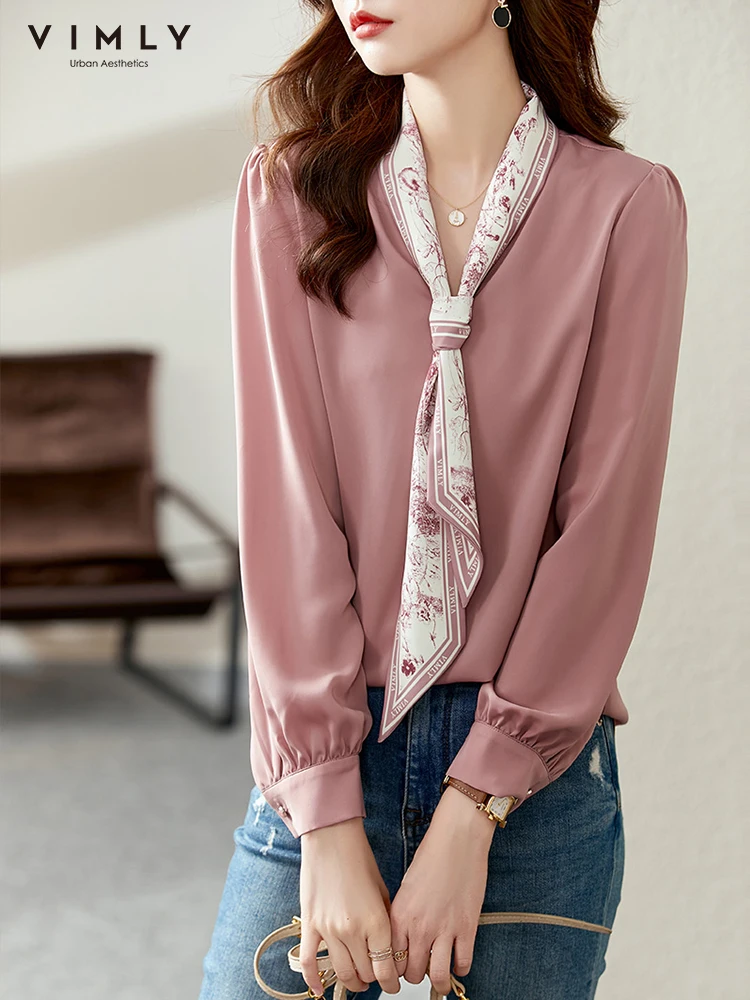 

Vimly Chiffon Blouse Women 2022 Autumn New French Style Fashion Commuter Niche Design Printing Ribbon Petite Clothing Tops V5982